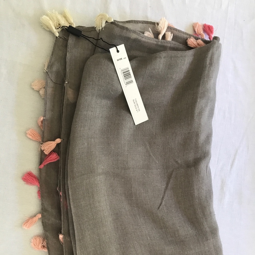 Tahari Taupe Scarf with pink tassels